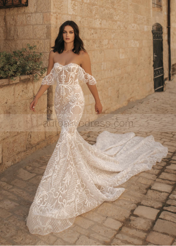 Off Shoulder Ivory Glitter Lace Fashionable Wedding Dress